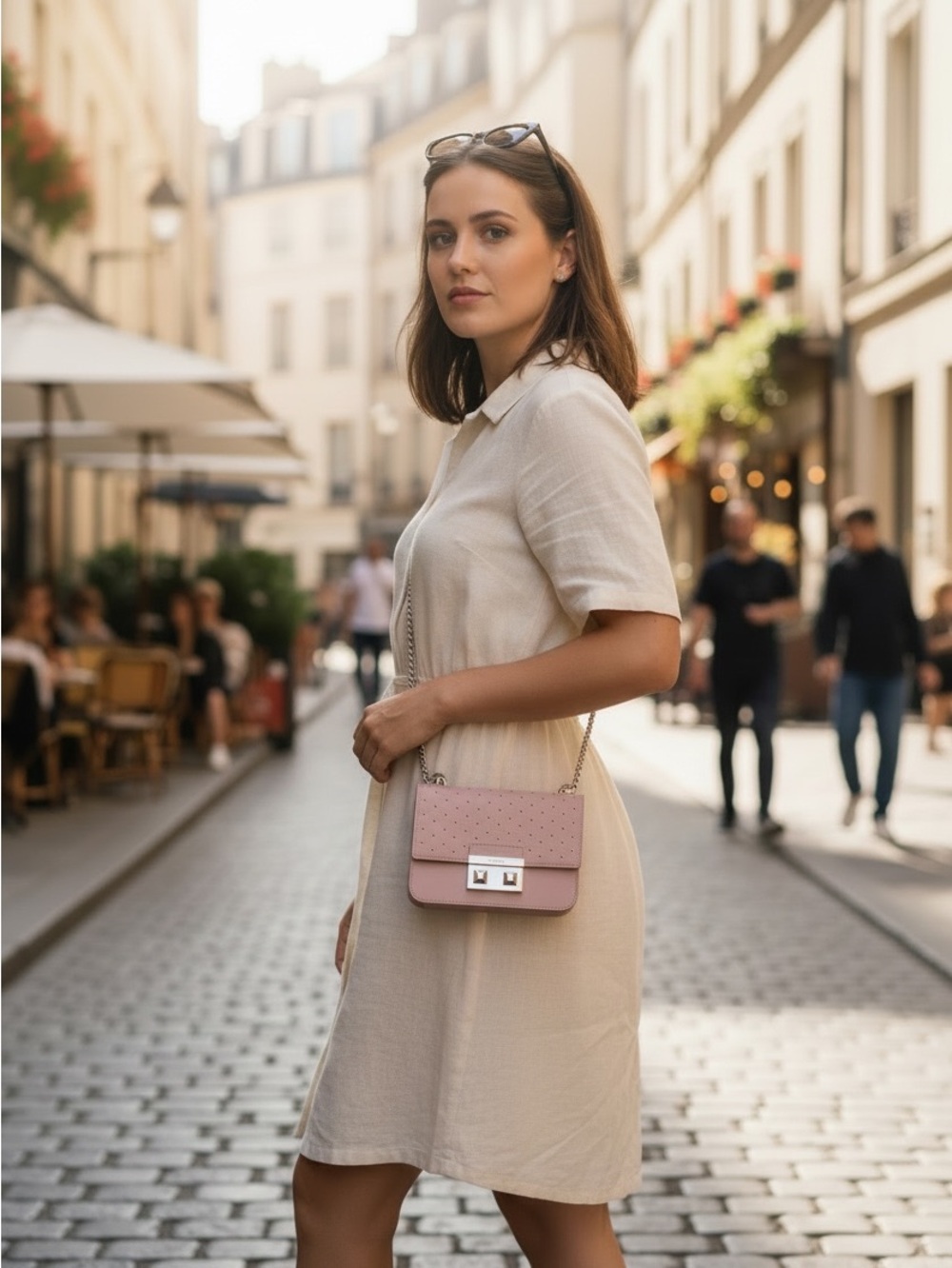 Furla Metropolis Mini Studded Leather Crossbody Blush Pink Saffiano Chain Bag